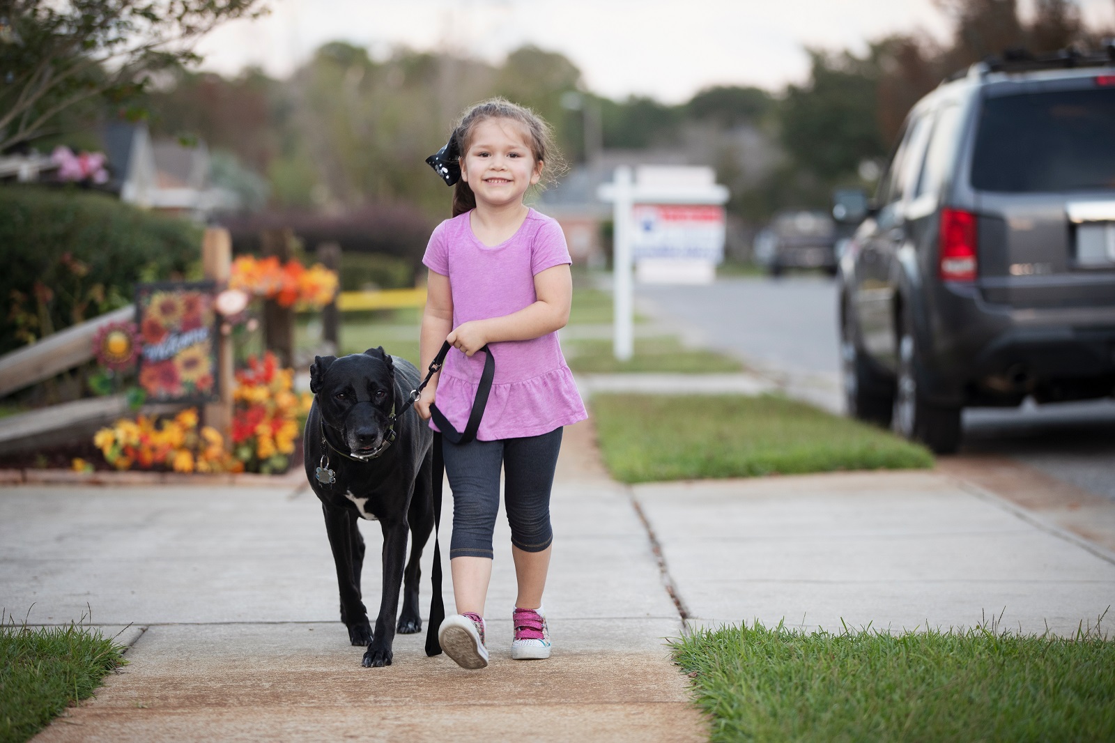 Girl walking her dog through the neighborhood